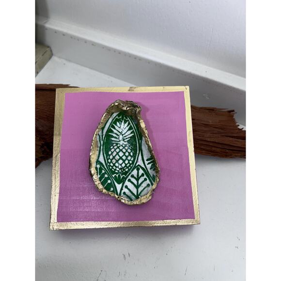 Original HandPainted Oyster Art 5x5 Wooden Block Pink Green Pineapple Lilly - Picture 1 of 8